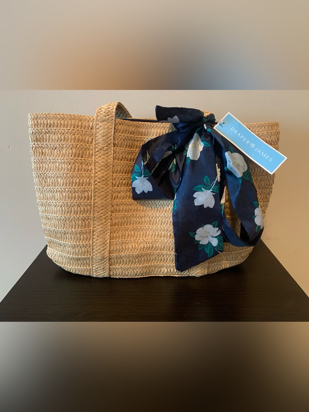 Draper James Natural Straw Tote with Navy Interior